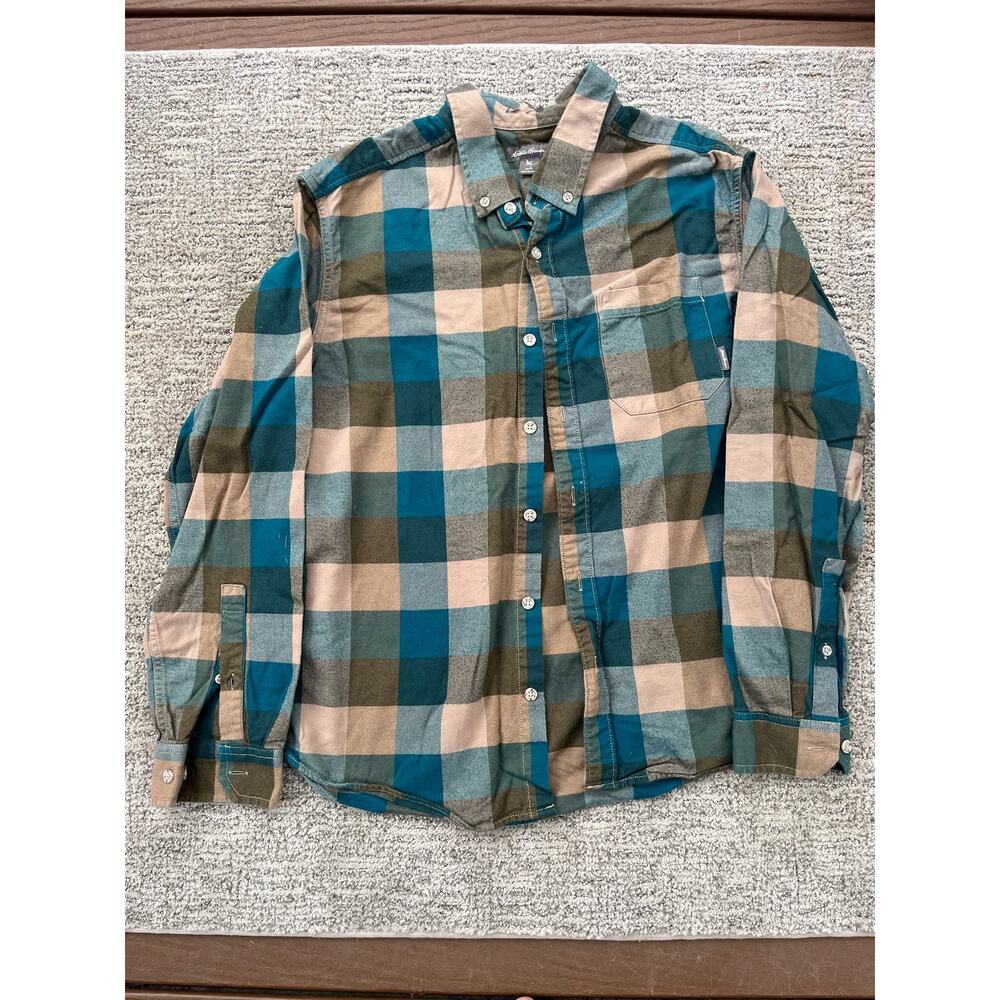 Blue and brown plaid Eddie Bauer button-down flannel, size L